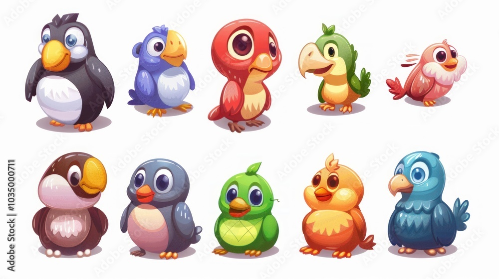 Set of funny cartoon animals, 2D cute birds Set of funny cartoon animals, 2D cute birds