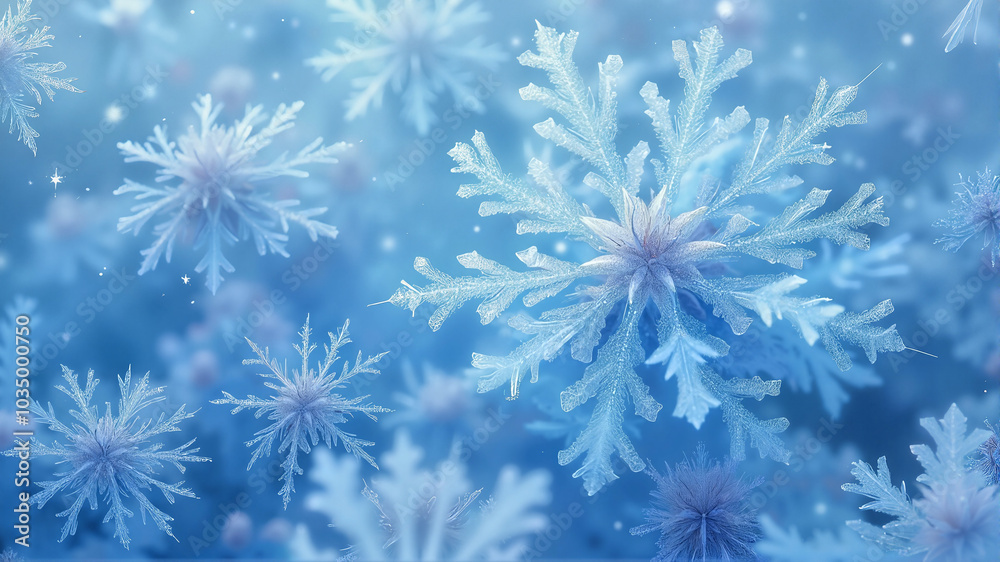 Abstract close-up of intricate snowflakes on a blue winter background, web wallpaper. Abstract close-up of intricate snowflakes on a blue winter background, web wallpaper.