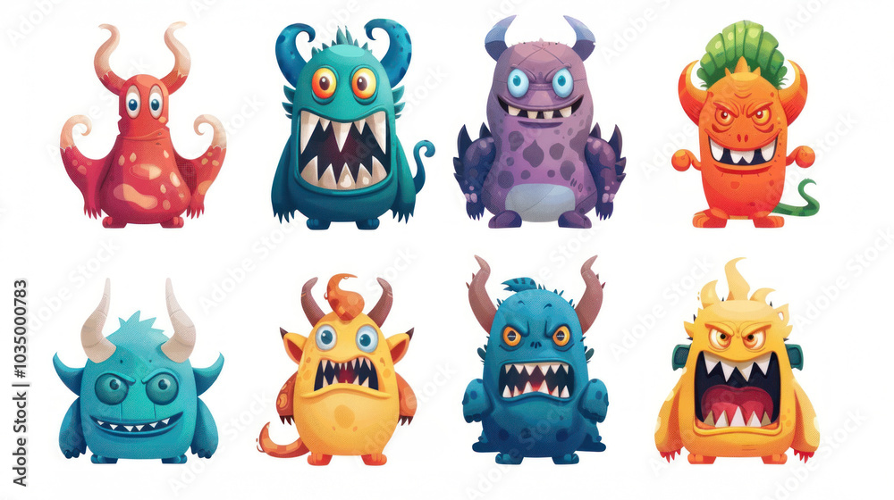 Set of monsters, , cute and funny creatures, game art characters, isolated on white Set of monsters, , cute and funny creatures, game art characters, isolated on white