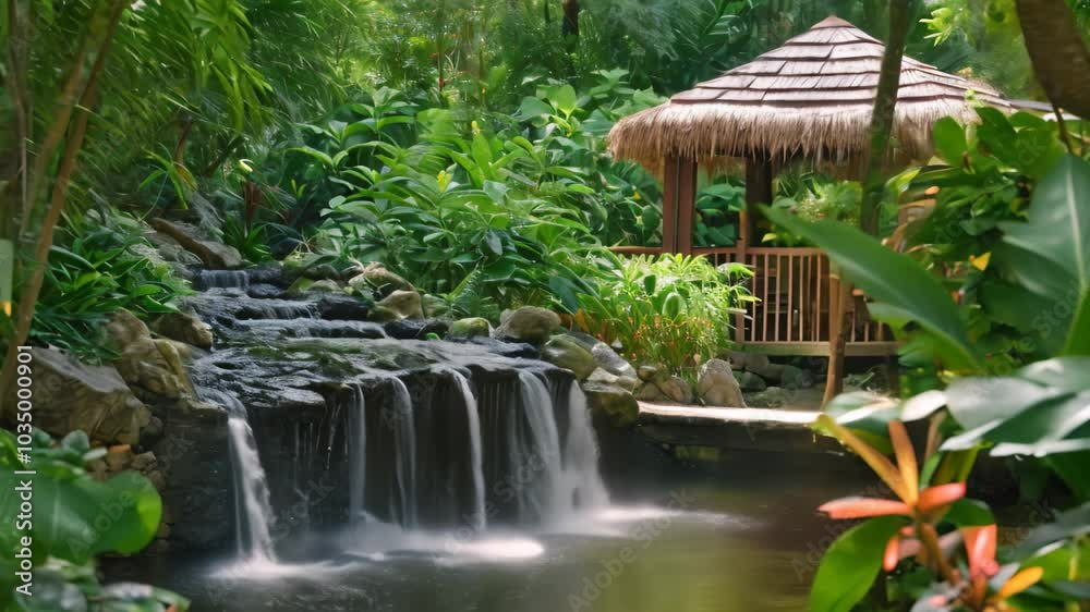 A Video showcasing a small waterfall surrounded by lush tropical vegetation in the midst of a vibrant garden, Serene scenes from a wellness retreat A Video showcasing a small waterfall surrounded by lush tropical vegetation in the midst of a vibrant garden, Serene scenes from a wellness retreat