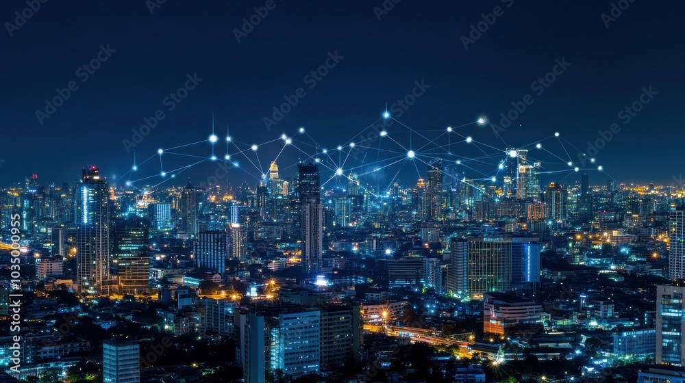 Night Cityscape with Network Connections Night Cityscape with Network Connections
