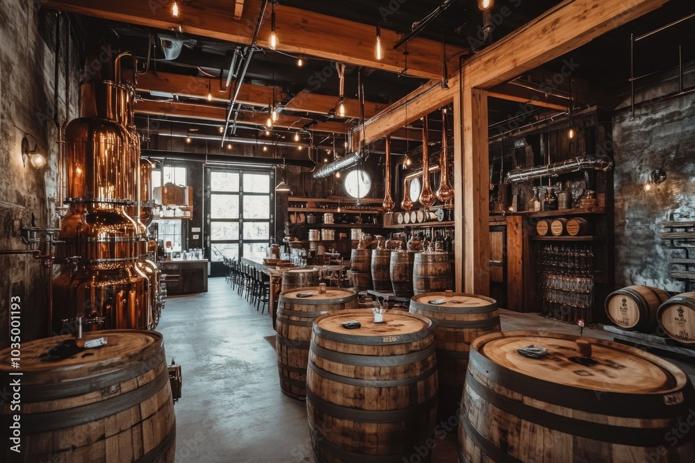 Whiskey barrels stacked in a cozy distillery, surrounded by copper stills and wooden beams, highlighting the artisanal craftsmanship and rich history of whiskey making