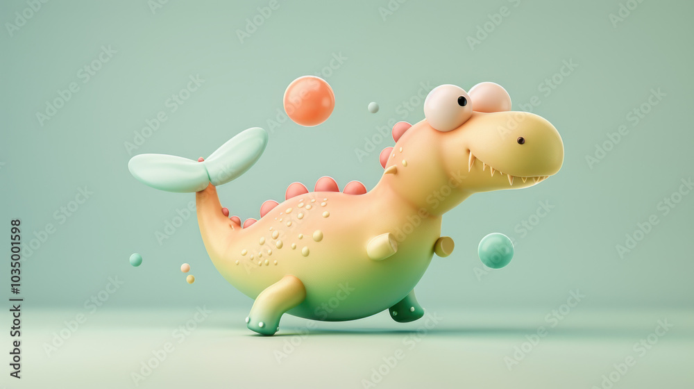 Funny Cartoon Dinosaur Character Running With Colorful Balls Funny Cartoon Dinosaur Character Running With Colorful Balls