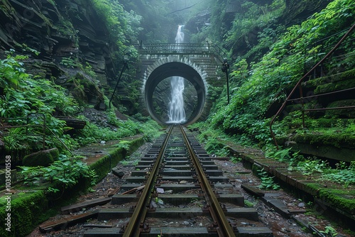 A waterfall cascades through a circular tunnel on an abandoned railroad track. photo