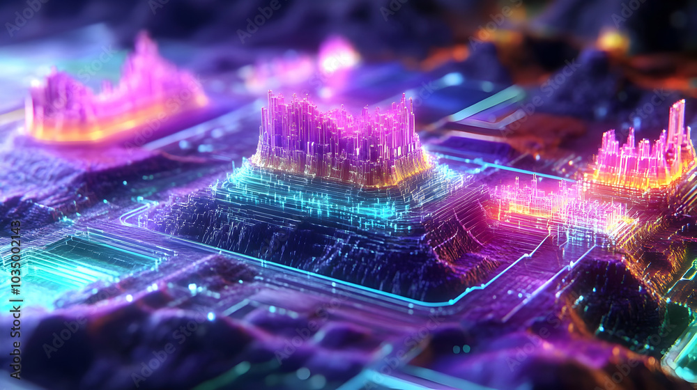 Abstract 3D Cityscape with Neon Lights and a Glowing Circuit Board Abstract 3D Cityscape with Neon Lights and a Glowing Circuit Board