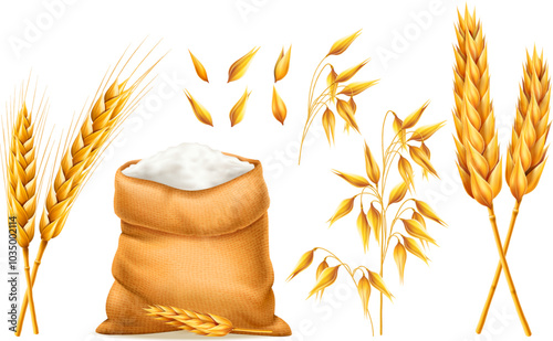 Realistic 3d bunch of wheat with bag of flour