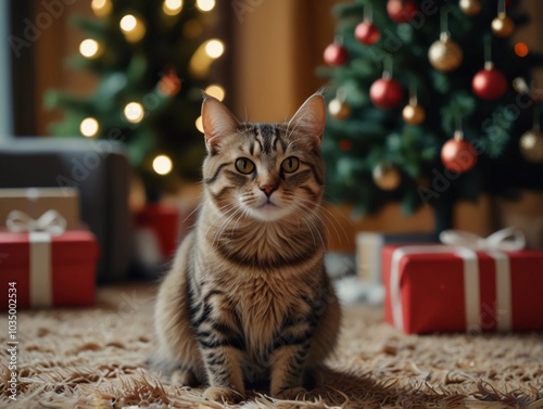 cat and christmas tree