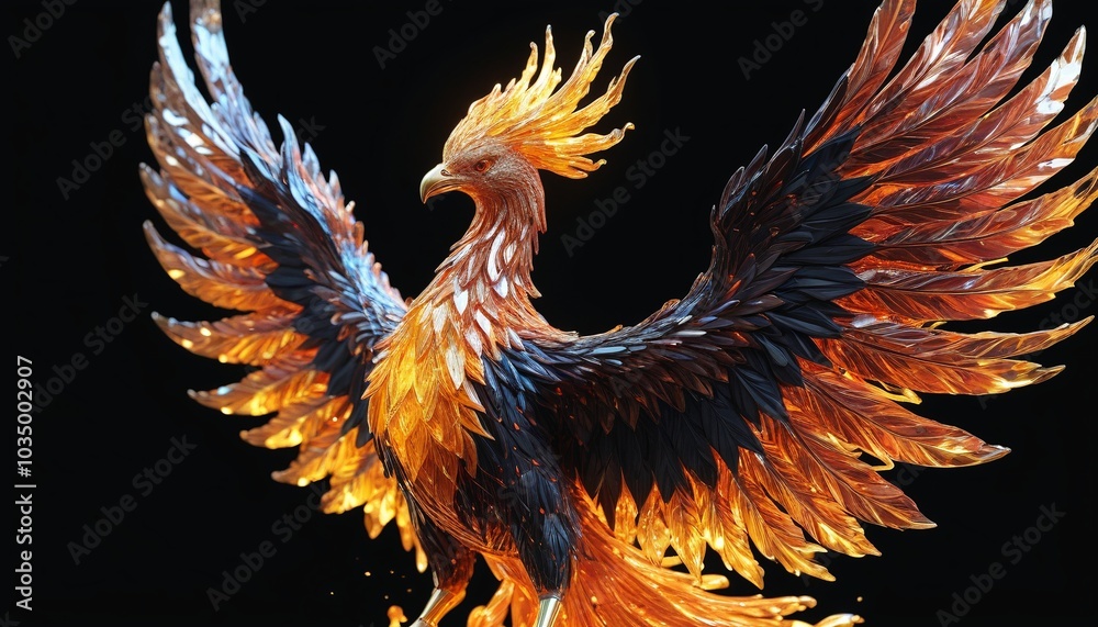 Fototapeta premium A crystalline sculpture of a phoenix rising from flames, shimmering in the light, set against a black surface, Generative AI