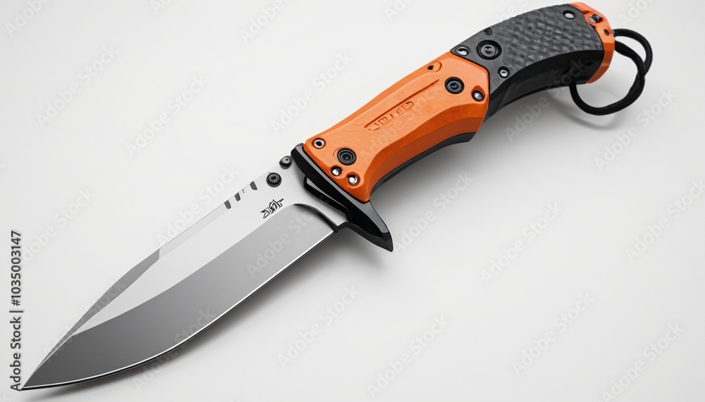 A rugged model of a survival knife with a textured handle displayed on a bright white surface, emphasizing outdoor adventure, Generative AI A rugged model of a survival knife with a textured handle displayed on a bright white surface, emphasizing outdoor adventure, Generative AI