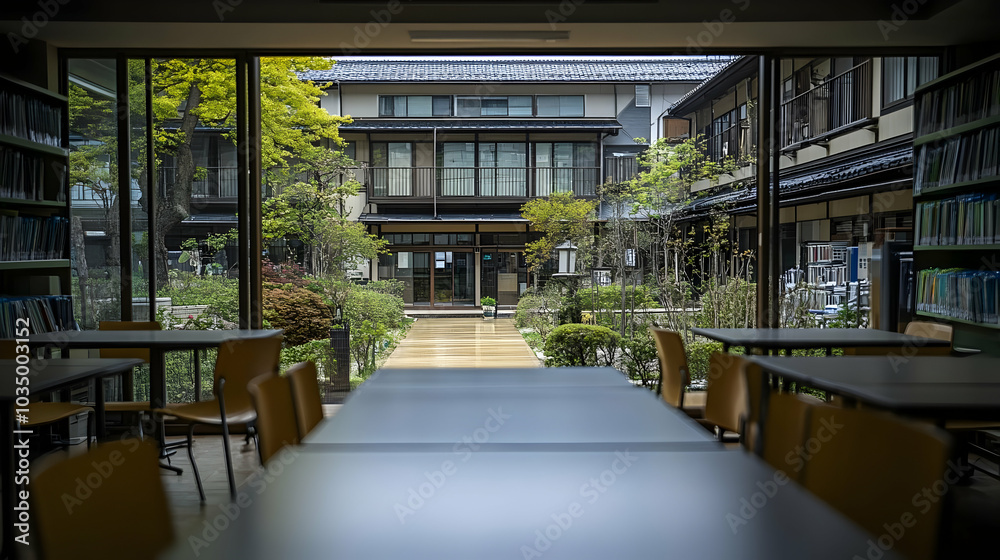Peaceful Courtyard View from Library, Tranquil Garden With Traditional Japanese Architecture Peaceful Courtyard View from Library, Tranquil Garden With Traditional Japanese Architecture
