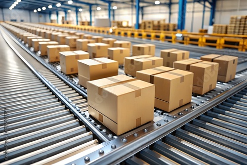 Closeup of multiple cardboard box packages seamlessly moving along a conveyor belt in a warehouse fulfillment center, a snapshot of e-commerce, delivery, automation and products.