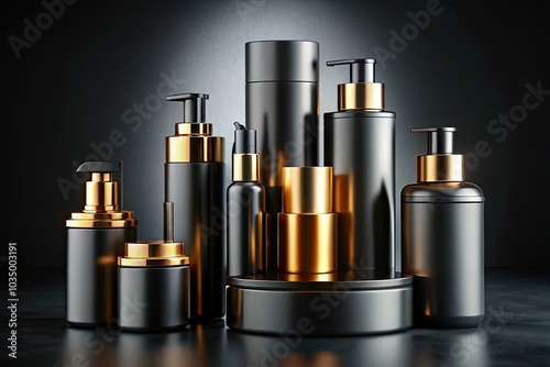 Stylish black cosmetic containers featuring gold caps set against a dark background, highlighting a minimalist aesthetic perfect for upscale product displays.