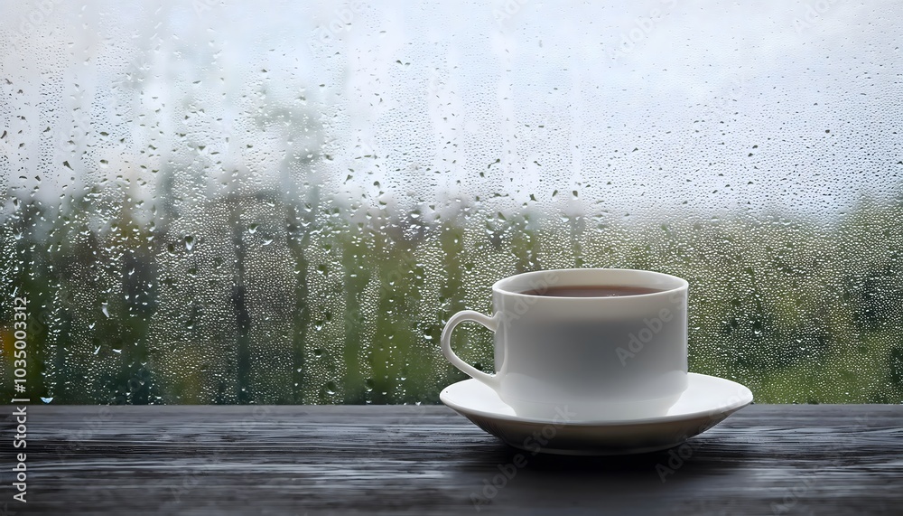 white warm coffee cup on wooden table, raindrops on glass window & cozy tranquil romantic atmosphere. Relaxation & contemplation on rainy day white warm coffee cup on wooden table, raindrops on glass window & cozy tranquil romantic atmosphere. Relaxation & contemplation on rainy day