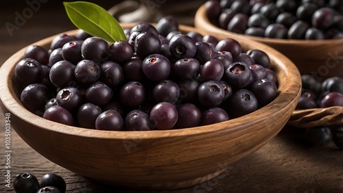 Wallpaper Mural A close-up of nutrient-rich Brazilian açaí berries in a rustic wooden bowl, showcasing their deep purple hue and superfood status. Torontodigital.ca