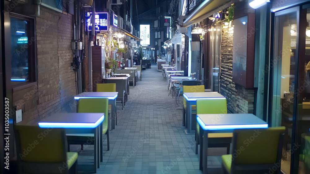 Empty Tables in an Alleyway at Night with Blue Lights on Tables Empty Tables in an Alleyway at Night with Blue Lights on Tables