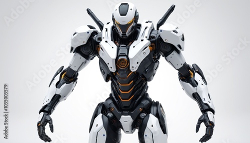 A dynamic model of a futuristic mech suit displayed on a sleek white background, emphasizing its robotic features, Generative AI photo