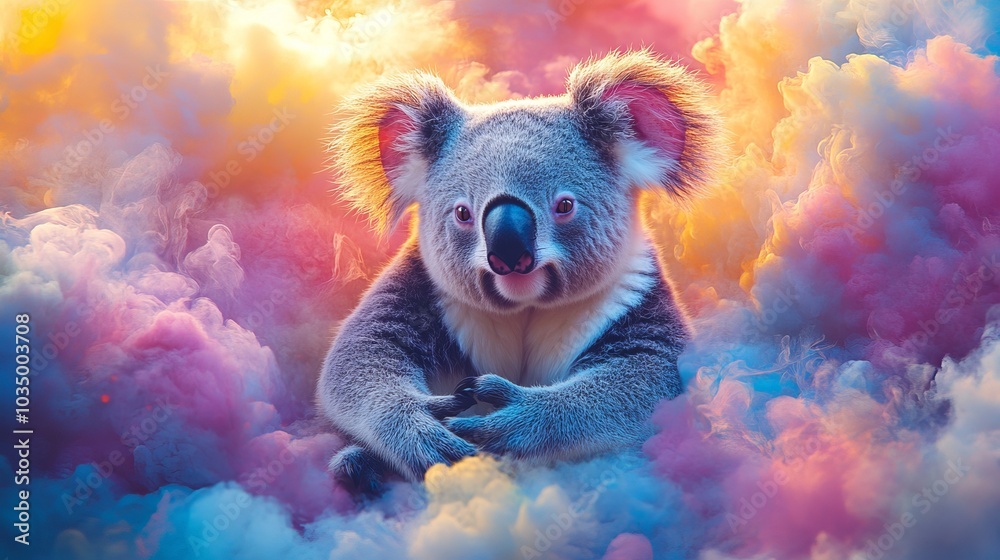 A striking and artistic depiction of a koala surrounded by vibrant, colorful clouds of smoke, creating a fantasy-like atmosphere in the scene. A striking and artistic depiction of a koala surrounded by vibrant, colorful clouds of smoke, creating a fantasy-like atmosphere in the scene.