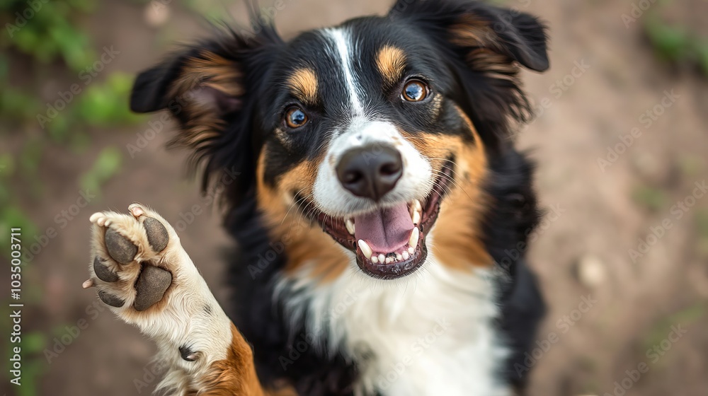 A close-up of an adorable dog energetically raising its paw, with a joyful expression. The background is blurred greenery, capturing a lively and fun moment. A close-up of an adorable dog energetically raising its paw, with a joyful expression. The background is blurred greenery, capturing a lively and fun moment.