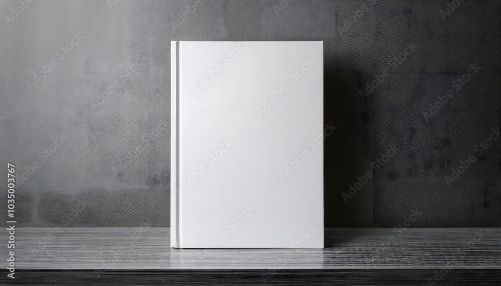 minimalist white cover closed blank book mockup on grey textured concrete wall, empty clean diary notebook front design