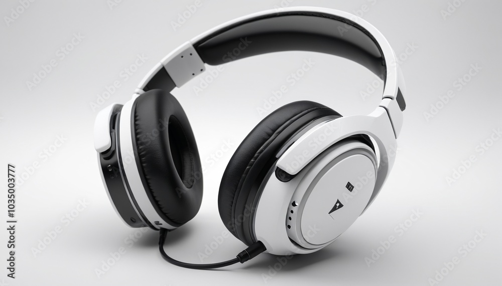 A detailed model of a gaming headset with a microphone resting on a sleek white surface, showcasing its immersive audio capabilities, Generative AI A detailed model of a gaming headset with a microphone resting on a sleek white surface, showcasing its immersive audio capabilities, Generative AI