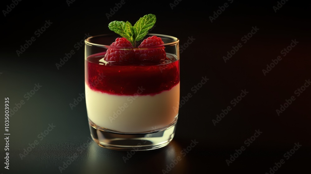 Panna cotta with raspberries and mint in a glass Panna cotta with raspberries and mint in a glass