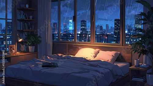 A cozy bedroom scene featuring a neatly made bed, illuminated by city lights and rain outside the window. Ideal for relaxation. created with generation ai