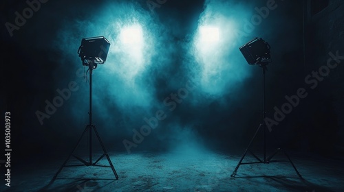 A dimly lit studio with dense fog highlighted by two spotlights, creating a mysterious and dramatic atmosphere with contrasting light and shadow. photo