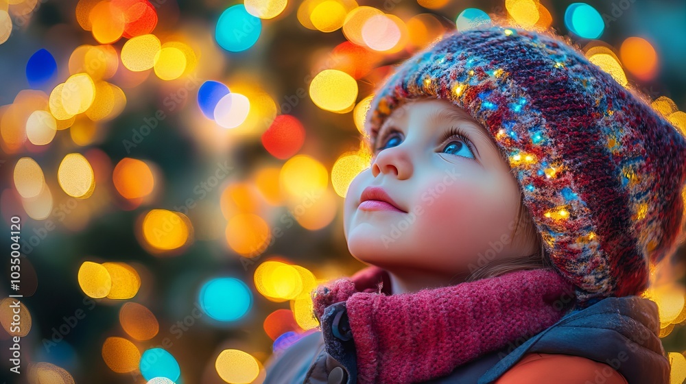A young child, bundled in winter attire, looks up at vibrant holiday lights, evoking wonder and the magic of the holiday season in a cozy, snug setting. A young child, bundled in winter attire, looks up at vibrant holiday lights, evoking wonder and the magic of the holiday season in a cozy, snug setting.