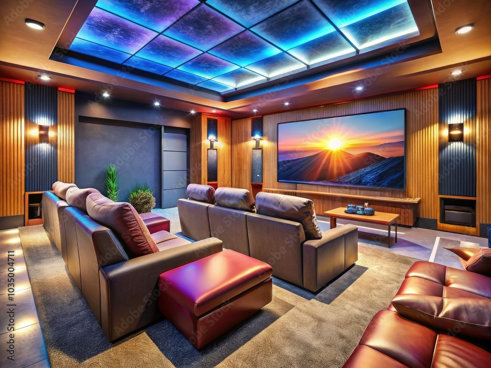Stylish home theater boasts a giant screen TV, cozy seating, and a powerful surround sound system, delivering an exceptional movie-watching experience right at home. Stylish home theater boasts a giant screen TV, cozy seating, and a powerful surround sound system, delivering an exceptional movie-watching experience right at home.