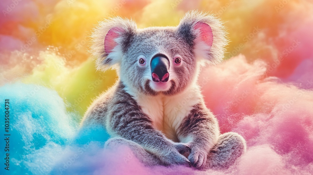 An adorable koala is peacefully nestled among vibrantly colored fluffy clouds, creating a dreamlike and surreal scene that embodies tranquility and whimsy in nature. An adorable koala is peacefully nestled among vibrantly colored fluffy clouds, creating a dreamlike and surreal scene that embodies tranquility and whimsy in nature.
