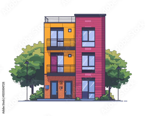 Modern apartment building. Vector illustration in cartoon style.