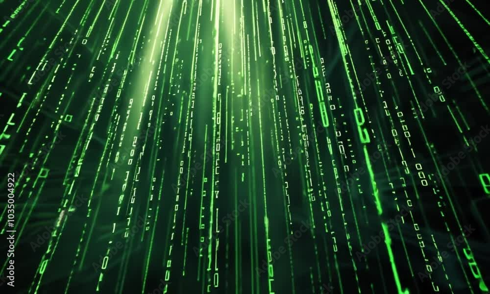 A digital matrix of green binary code flows vertically across a black background, evoking a futuristic, cyber-themed concept. The bright green numbers and letters represent data, computing, and digita