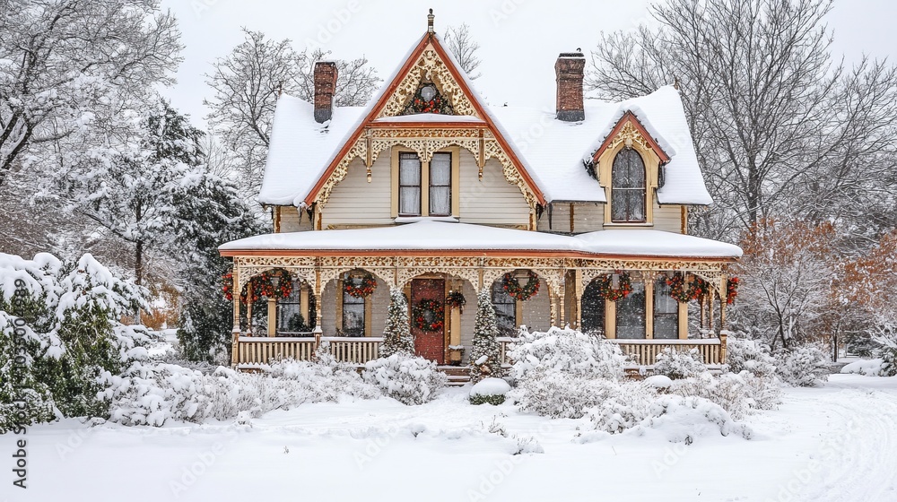 Picturesque Victorian home blanketed in snow with classic holiday decorations, embodying winter magic and festive warmth in a charming historical setting. Picturesque Victorian home blanketed in snow with classic holiday decorations, embodying winter magic and festive warmth in a charming historical setting.