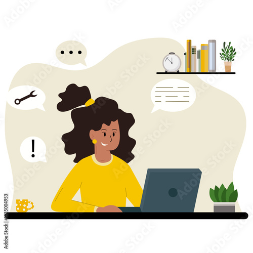 Working at home vector flat style illustration. Online career. Coworking space illustration. Young woman freelancers working on laptop or computer at home.