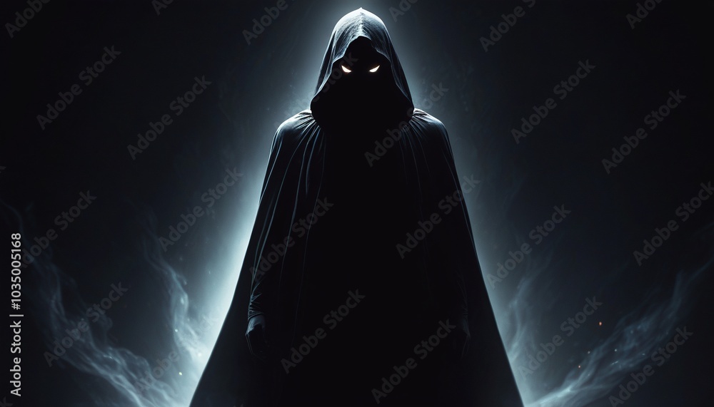 A lurking, shadowy figure with elongated limbs and glowing white eyes, emerging silently from the darkness, cloaked in an aura of malevolence, Generative AI A lurking, shadowy figure with elongated limbs and glowing white eyes, emerging silently from the darkness, cloaked in an aura of malevolence, Generative AI