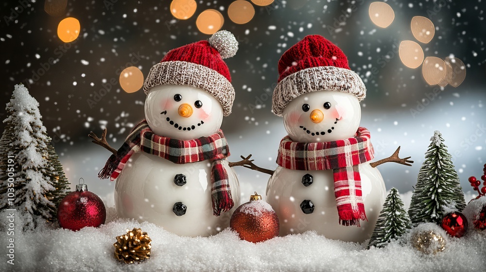 A festive scene with two adorable snowmen wearing plaid scarves amidst snowflakes and Christmas decorations, embodying the joy and warmth of the holiday season. A festive scene with two adorable snowmen wearing plaid scarves amidst snowflakes and Christmas decorations, embodying the joy and warmth of the holiday season.