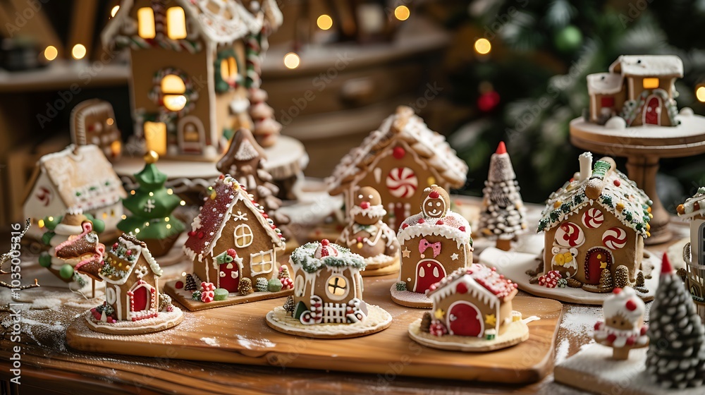 A range of figurines and gingerbread houses on the wooden table