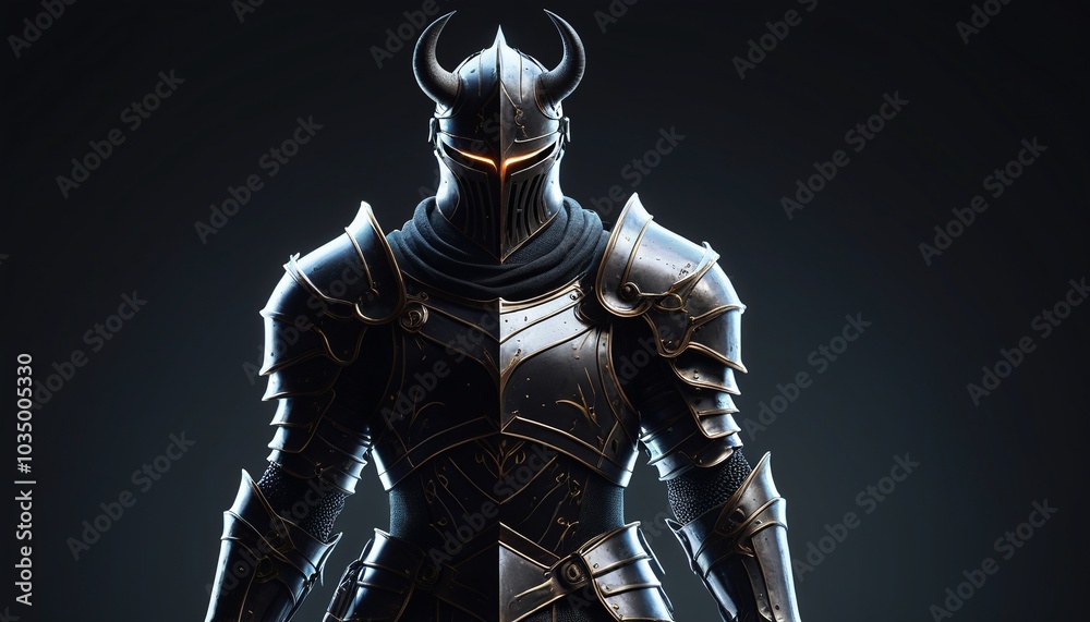A towering, armored knight with a glowing sword, its face obscured by a horned helmet, standing motionless in the pitch-black void, Generative AI A towering, armored knight with a glowing sword, its face obscured by a horned helmet, standing motionless in the pitch-black void, Generative AI