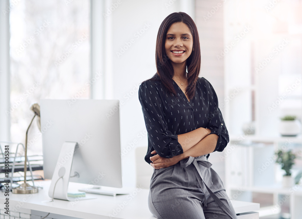 Arms crossed, business and portrait of woman at desk in office for administration career. Computer, reporting and research with happy employee in professional workplace for agency development Arms crossed, business and portrait of woman at desk in office for administration career. Computer, reporting and research with happy employee in professional workplace for agency development