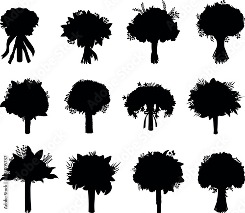 Wedding flowers silhouettes vector illustration set