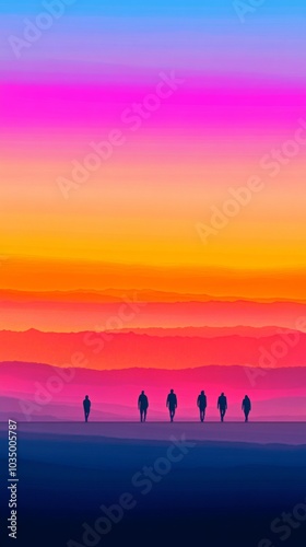 Silhouetted Figures Walking Against a Vibrant Multicolored Sunset Sky