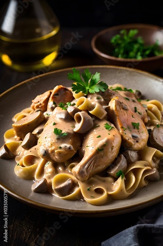 Juicy yummy chicken stroganoff cooked with mushrooms & parsley herbs. Creamy texture healthy meat dish