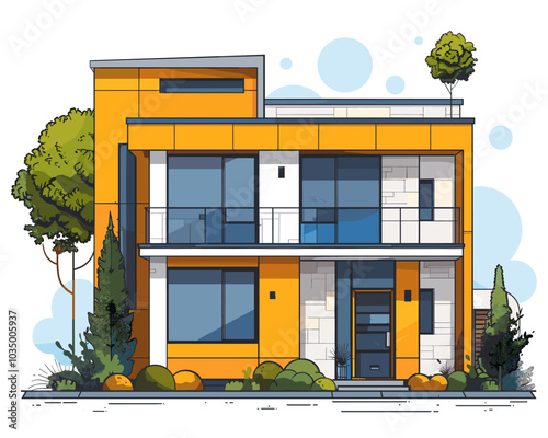 Modern apartment building. Vector illustration in cartoon style.