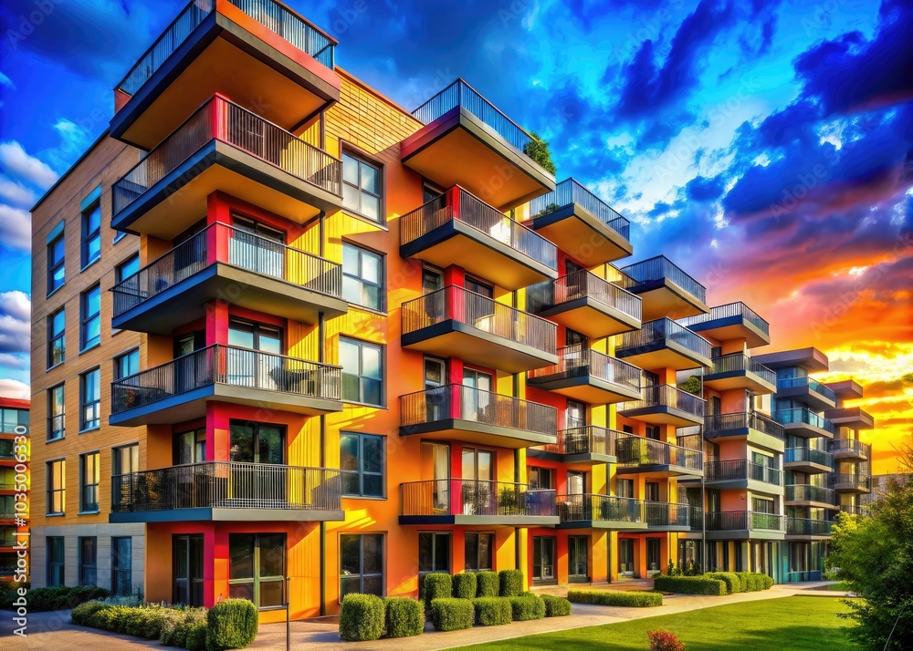Stylish urban condominium complex adorned with elegant balconies, exemplifying lavish European architecture, providing a sophisticated lifestyle in a vibrant city setting. Stylish urban condominium complex adorned with elegant balconies, exemplifying lavish European architecture, providing a sophisticated lifestyle in a vibrant city setting.