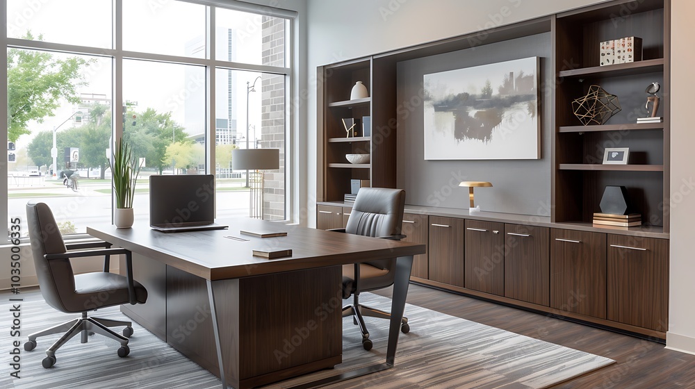 Fototapeta premium A recent sleek private office design that mixes ease and efficiency