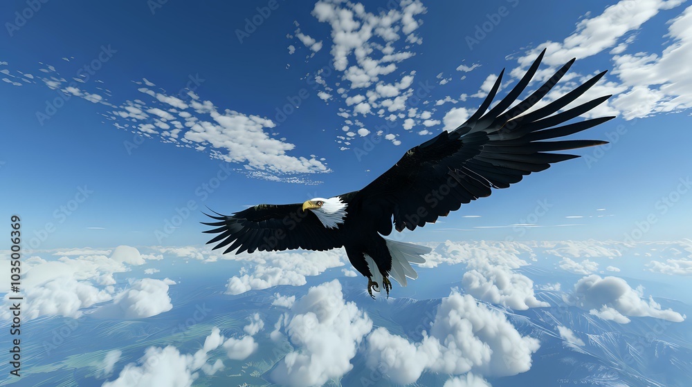 Fototapeta premium A majestic eagle soaring through a clear blue sky above fluffy white clouds.