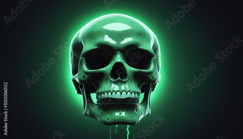 A floating, spectral skull with hollow eyes and a sinister grin, surrounded by a faint green aura, cackling silently in the darkness, Generative AI