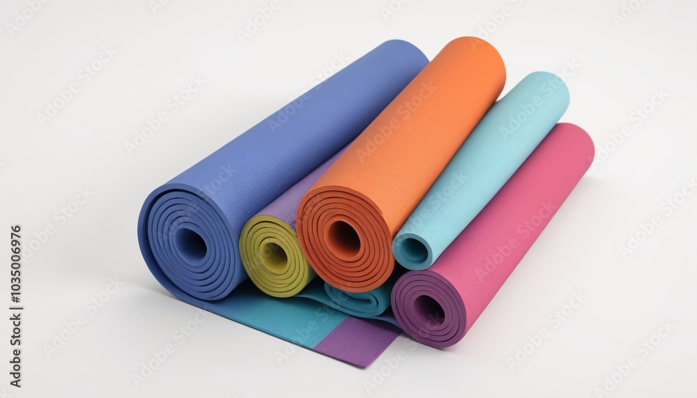 A vibrant model of a yoga mat rolled up on a clean white background, representing fitness and mindfulness in daily routines, Generative AI A vibrant model of a yoga mat rolled up on a clean white background, representing fitness and mindfulness in daily routines, Generative AI