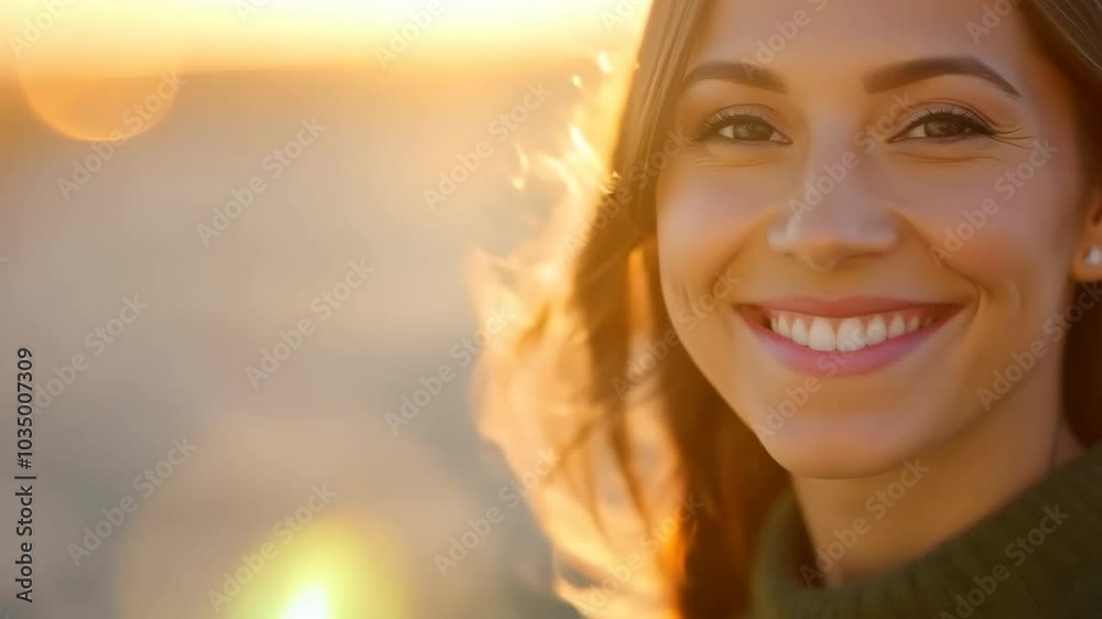 Radiant sunset smile of a young woman enjoying the outdoors Radiant sunset smile of a young woman enjoying the outdoors