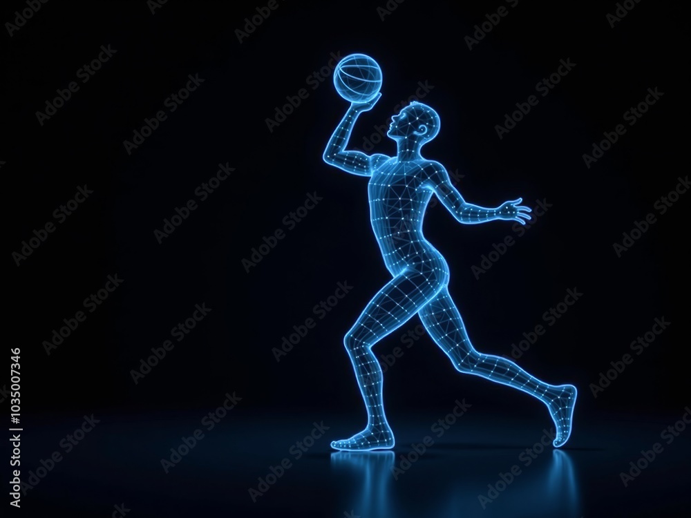 Futuristic hologram of basketball player jumping on dark background with glowing particles around him. Futuristic hologram of basketball player jumping on dark background with glowing particles around him.